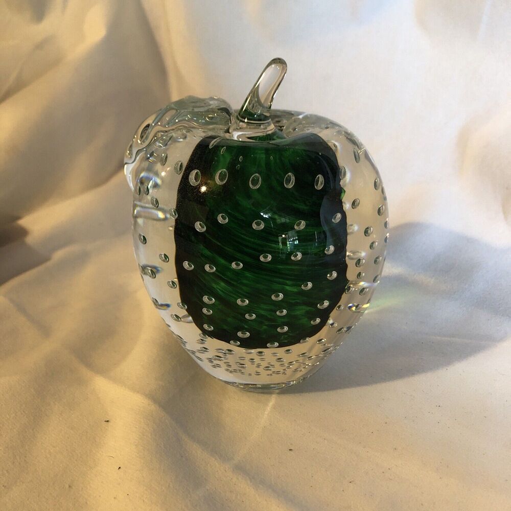 Art Glass Apple Paperweight Controlled Bubble Art Green Clear 4” Tall NICE!!